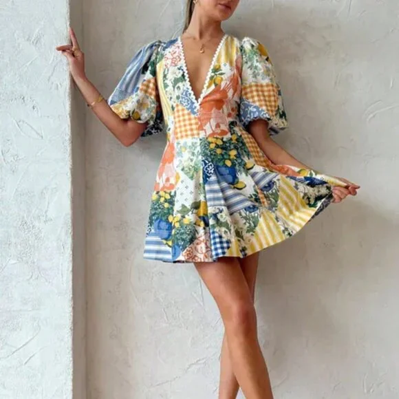 Multicolor Boho Women's Lemon Color Patchwork Wavy Print Mni Dress - Picture 2 of 5